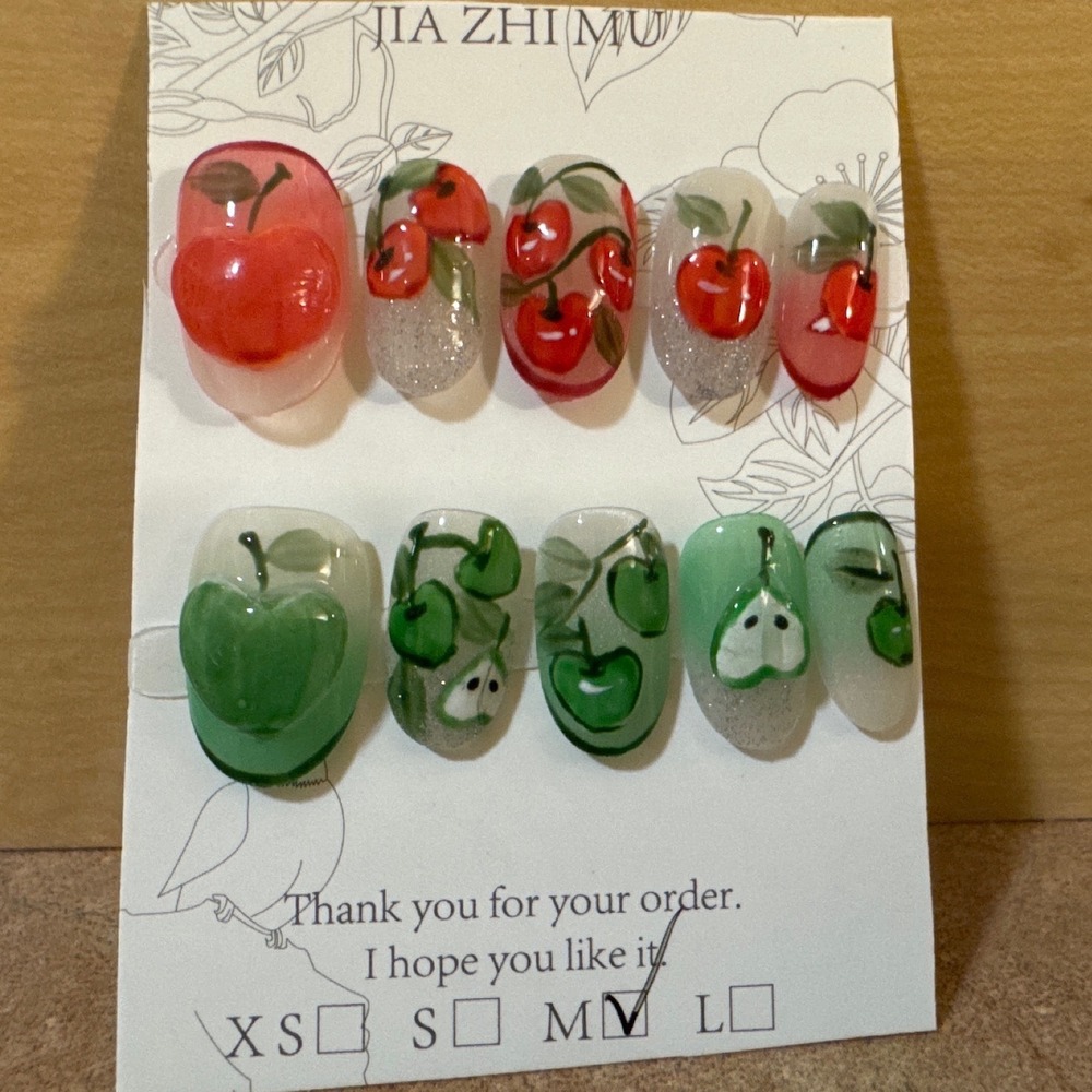 3D Fruit Press On Nails Cherry Apple Red Green Almond Shape Size Medium Set